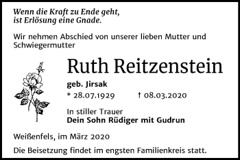 Traueranzeige von Ruth Reitzenstein von Mitteldeutsche Zeitung Weißenfels
