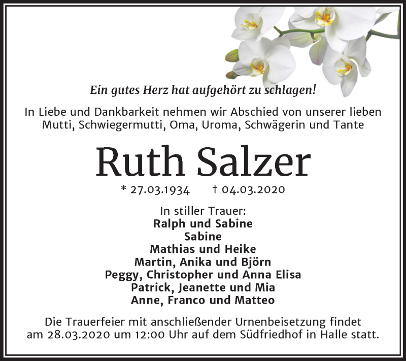  Traueranzeige für Ruth Salzer vom 14.03.2020 aus Mitteldeutsche Zeitung Halle/Saalkreis