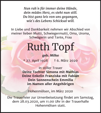 Traueranzeige von Ruth Topf von Mitteldeutsche Zeitung Weißenfels