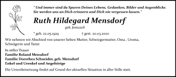 Traueranzeige von Ruth Hildegard Mensdorf von Mitteldeutsche Zeitung Bitterfeld