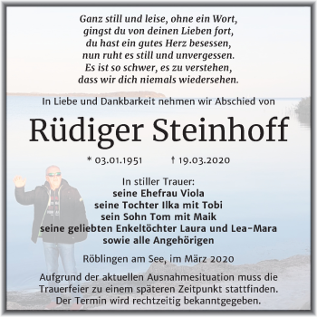 Traueranzeige von Rüdiger Steinhoff von Mitteldeutsche Zeitung Mansfelder Land