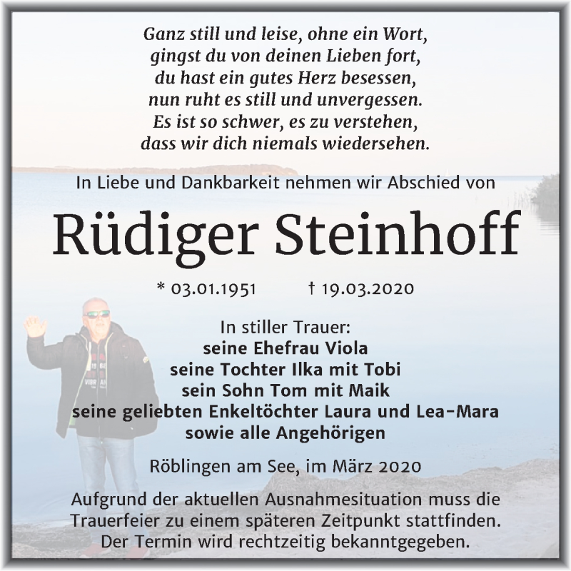  Traueranzeige für Rüdiger Steinhoff vom 28.03.2020 aus Super Sonntag Mansfelder Land