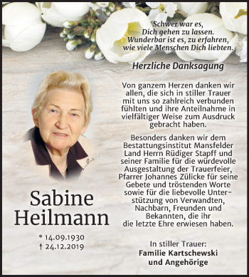Traueranzeige von Sabine Heilmann von Mitteldeutsche Zeitung Mansfelder Land
