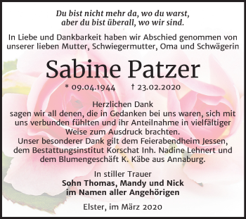 Traueranzeige von Sabine Patzer von Mitteldeutsche Zeitung Wittenberg