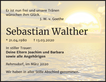 Traueranzeige von Sebastian Walther von Super Sonntag Zeitz