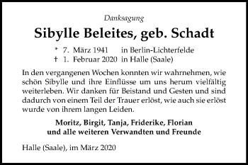 Traueranzeige von Sibylle Beleites von Mitteldeutsche Zeitung Halle/Saalkreis