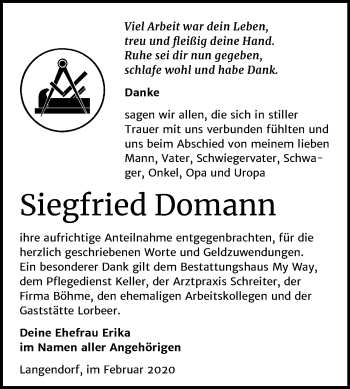 Traueranzeige von Siegfried Domann von Mitteldeutsche Zeitung Weißenfels