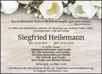 Traueranzeige von Siegfried Heilemann von Mitteldeutsche Zeitung Aschersleben / Quedlinburg