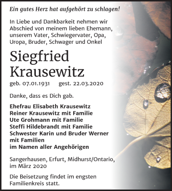 Traueranzeige von Siegfried Krausewitz von Super Sonntag Sangerhausen