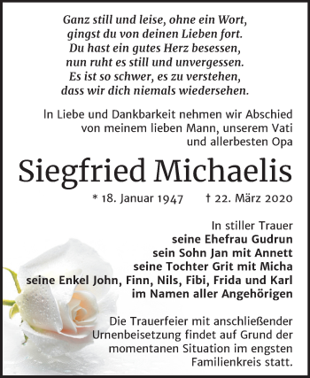 Traueranzeige von Siegfried Michaelis von Mitteldeutsche Zeitung Naumburg/Nebra