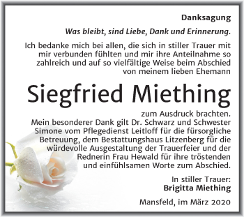 Traueranzeige von Siegfried Miething von Super Sonntag Mansfelder Land