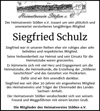 Traueranzeige von Siegfried Schulz von Super Sonntag Naumburg/Nebra