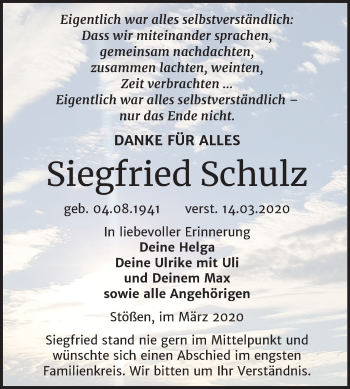 Traueranzeige von Siegfried Schulz von Super Sonntag Naumburg/Nebra