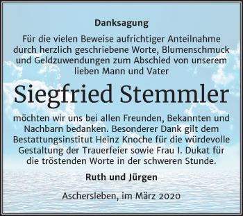 Traueranzeige von Siegfried Stemmler von Super Sonntag Aschersleben