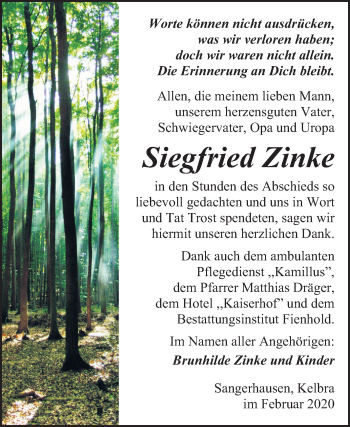 Traueranzeige von Siegfried Zinke von Mitteldeutsche Zeitung Sangerhausen