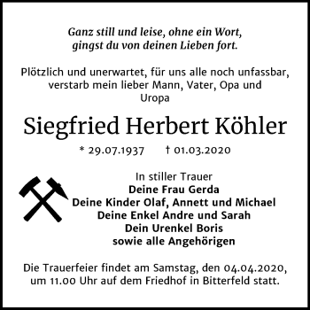 Traueranzeige von Siegfried Herbert Köhler von Mitteldeutsche Zeitung Bitterfeld