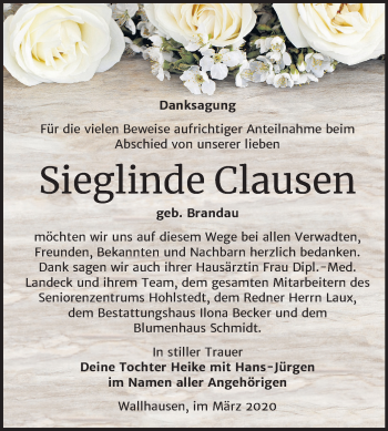Traueranzeige von Sieglinde Clausen von Mitteldeutsche Zeitung Sangerhausen