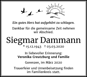 Traueranzeige von Siegmar Dammann von Wochenspiegel Mansfelder Land / Sangerhausen