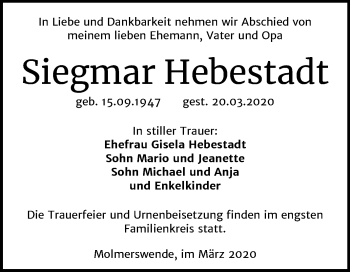 Traueranzeige von Siegmar Hebestadt von Mitteldeutsche Zeitung Mansfelder Land