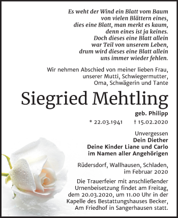 Traueranzeige von Siegried Mehtling von Mitteldeutsche Zeitung Sangerhausen