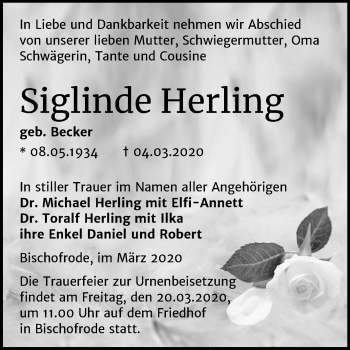 Traueranzeige von Siglinde Herling von Wochenspiegel Mansfelder Land