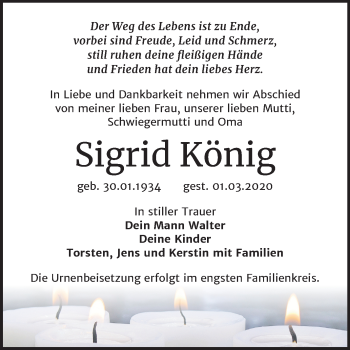 Traueranzeige von Sigrid König von Mitteldeutsche Zeitung Wittenberg