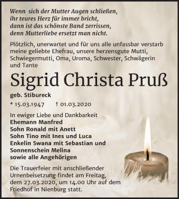 Traueranzeige von Sigrid Christa Pruß von Mitteldeutsche Zeitung Bernburg