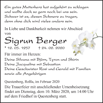 Traueranzeige von Sigrun Berger von Mitteldeutsche Zeitung Sangerhausen