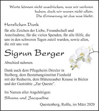 Traueranzeige von Sigrun Berger von Super Sonntag Sangerhausen