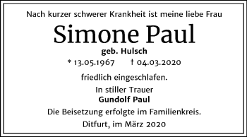Traueranzeige von Simone Paul von Super Sonntag Quedlinburg