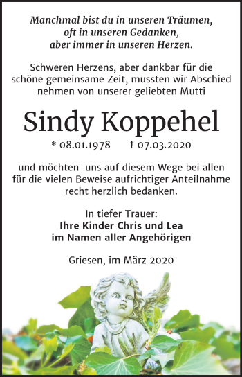 Traueranzeige von Sindy Koppehel von Mitteldeutsche Zeitung Wittenberg