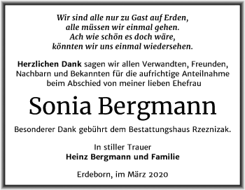 Traueranzeige von Sonia Bergmann von Mitteldeutsche Zeitung Mansfelder Land