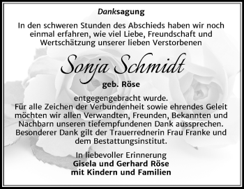 Traueranzeige von Sonja Schmidt von Super Sonntag Merseburg/Querfurt