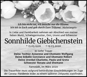 Traueranzeige von Sonnhilde Giebichenstein von Super Sonntag Merseburg/Querfurt