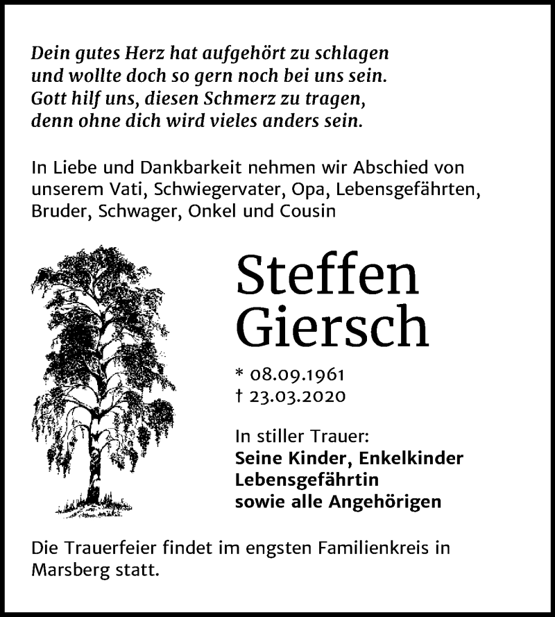  Traueranzeige für Steffen Giersch vom 28.03.2020 aus Super Sonntag Mansfelder Land