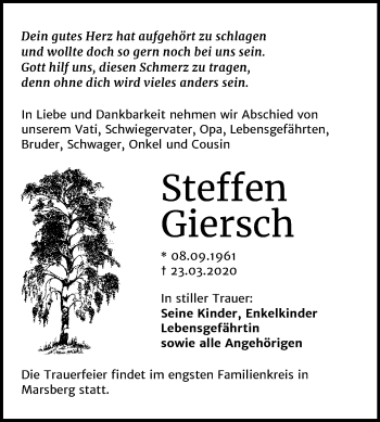 Traueranzeige von Steffen Giersch von Mitteldeutsche Zeitung Mansfelder Land