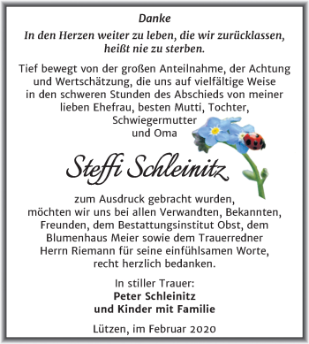 Traueranzeige von Steffi Schleinitz von Wochenspiegel Weißenfels