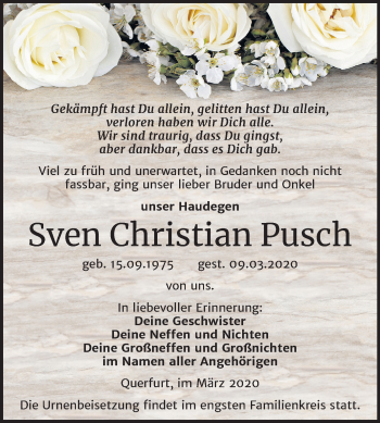 Traueranzeige von Sven Christian Pusch von Wochenspiegel Merseburg/Querfurt
