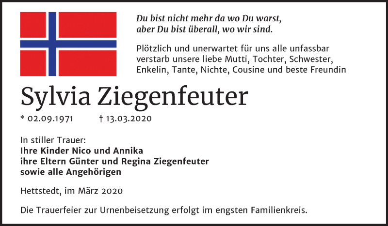  Traueranzeige für Sylvia Ziegenfeuter vom 20.03.2020 aus Mitteldeutsche Zeitung Mansfelder Land
