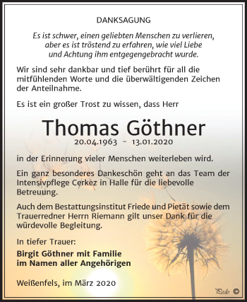 Traueranzeige von Thomas Göthner von Mitteldeutsche Zeitung Weißenfels