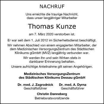Traueranzeige von Thomas Kunze von Mitteldeutsche Zeitung Dessau-Roßlau