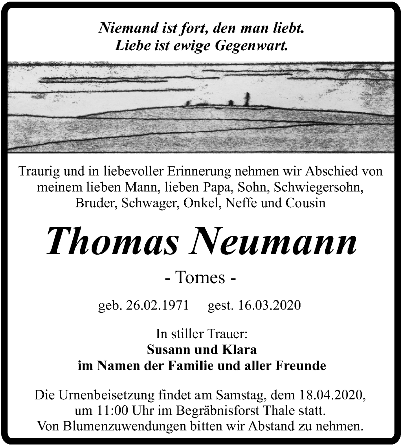  Traueranzeige für Thomas Neumann vom 28.03.2020 aus Mitteldeutsche Zeitung Quedlinburg