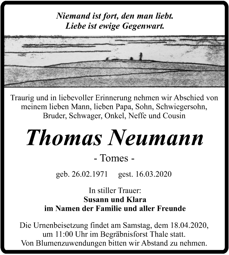  Traueranzeige für Thomas Neumann vom 28.03.2020 aus Super Sonntag Quedlinburg