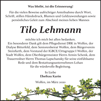 Traueranzeige von Tilo Lehmann von Mitteldeutsche Zeitung Bitterfeld