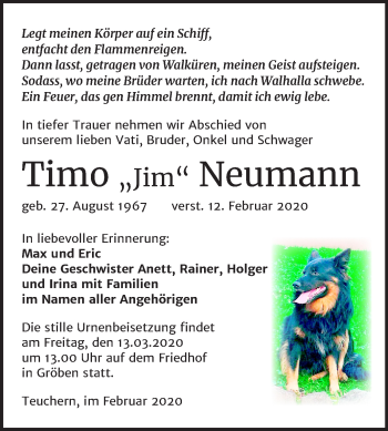 Traueranzeige von Timo Neumann von Mitteldeutsche Zeitung Weißenfels