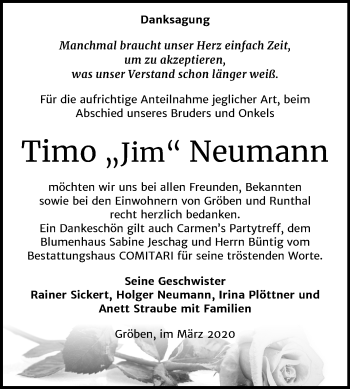 Traueranzeige von Timo Neumann von Mitteldeutsche Zeitung Weißenfels
