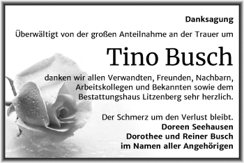 Traueranzeige von Tino Busch von Super Sonntag Mansfelder Land