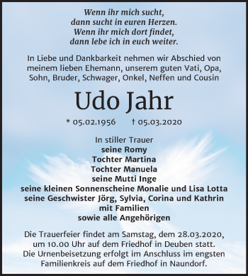 Traueranzeige von Udo Jahr von Wochenspiegel Weißenfels