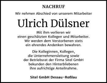 Traueranzeige von Ulrich Dülsner von Super Sonntag Dessau-Roßlau
