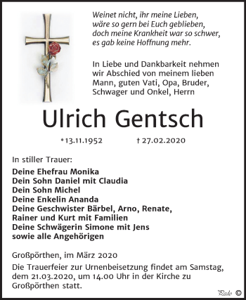 Traueranzeige von Ulrich Gentsch von Mitteldeutsche Zeitung Zeitz